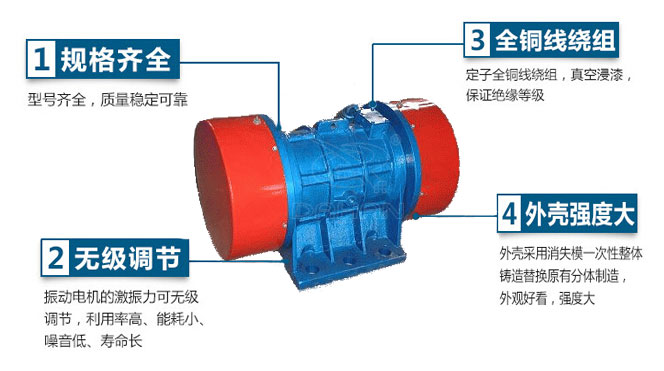 VB振動(dòng)電機(jī)特點(diǎn)：1，規(guī)格齊全：型號(hào)齊全，質(zhì)量穩(wěn)定可靠。2，無(wú)極調(diào)節(jié)：振動(dòng)電機(jī)的激振力可無(wú)極調(diào)節(jié)，利用率高，能耗小，噪音低，壽命長(zhǎng)。4，外殼輕度大：外殼采用消失模一次性整體鑄造替換原有分體制造，外觀好看，強(qiáng)度大。