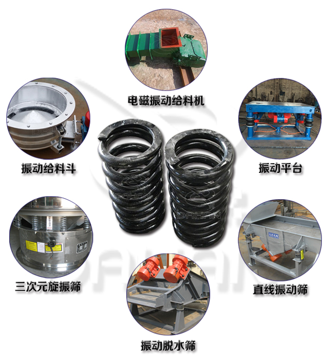 旋振篩減震彈簧適用產(chǎn)品：振動(dòng)給料機(jī)，電磁振動(dòng)給料機(jī)，振動(dòng)平臺(tái)，直線振動(dòng)篩，振動(dòng)脫水篩，三次元旋振篩。