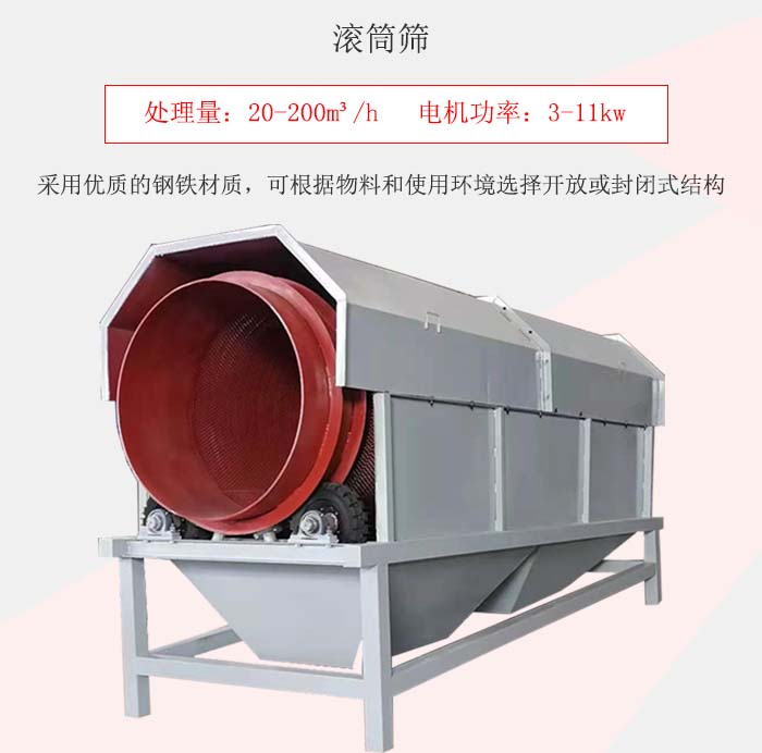 滾筒篩采用優(yōu)質(zhì)的鋼鐵材質(zhì)，可根據(jù)物料和使用環(huán)境選擇開放或封閉式結(jié)構(gòu)
