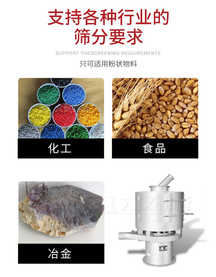 氣流篩用于礦粉，石墨粉，活性納米碳酸鈣，鋁灰，大豆粉，碳酸重鈣，石墨粉，木粉，干草，重金石粉，藥粉末，橡膠顆粒，草酸鹽，干料粉，木粉，聚酯粉，干粉，塑料，金屬粉末，橡膠粉，粉煤灰，石墨粉，陶瓷粉，鋅粉，石英粉，石灰粉，鐵粉，金屬硅粉等。