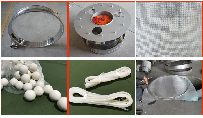 800型全不銹鋼振動(dòng)篩配件有：振動(dòng)篩篩框，電機(jī)，不銹鋼篩網(wǎng)等。