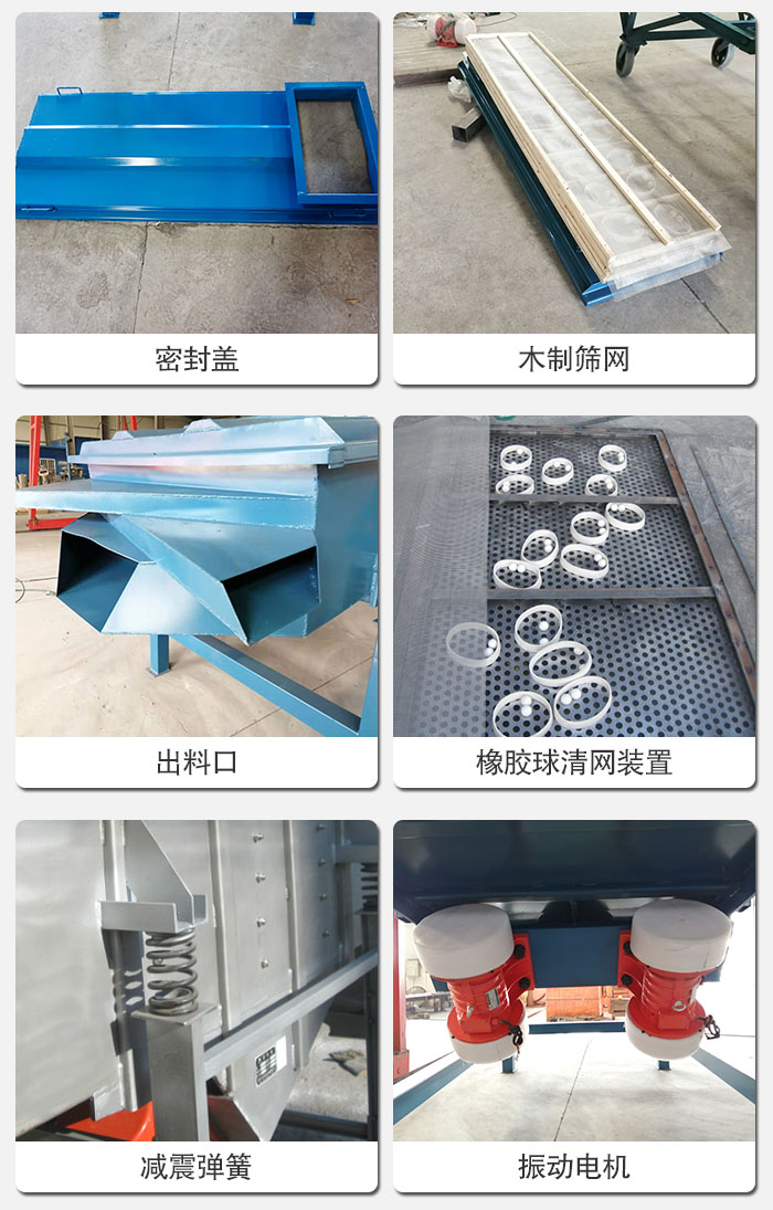直線篩結構展示：篩網，篩箱，振動電機，振動電機座，減震彈簧，支架等部件展示圖