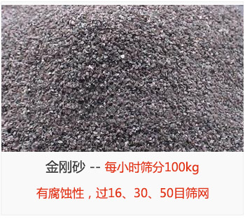 篩分金剛砂每小時100kg，有腐蝕性，過16、30、50目篩網(wǎng)