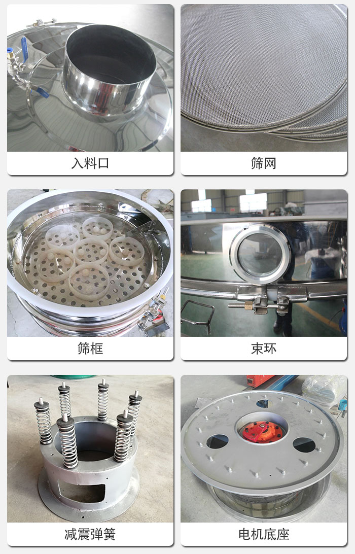 醫(yī)藥振動(dòng)篩有電機(jī)底座，減震彈簧，束環(huán)，篩框，入料口，篩網(wǎng)等部件展示。