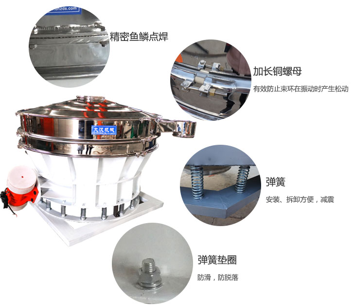 1500直排篩細節(jié)展示：彈簧，彈簧墊圈，加長銅螺母。