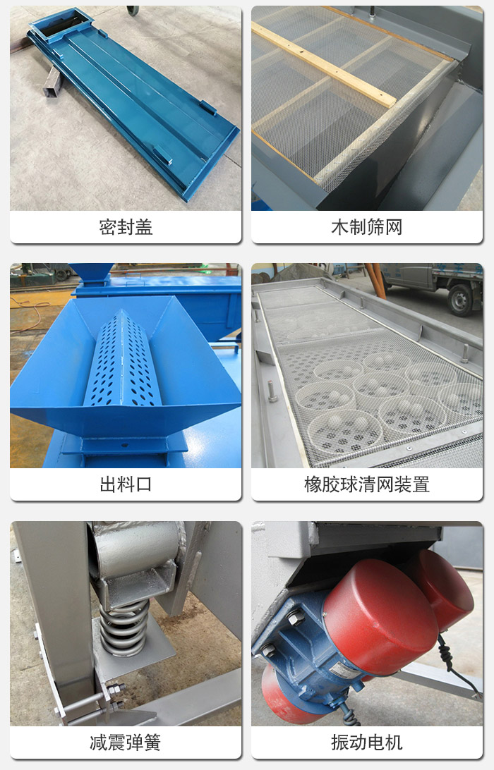 直線篩分機(jī)的結(jié)構(gòu)展示圖：篩箱是物料主要篩分設(shè)備之一，篩網(wǎng)用于篩分物料，振動(dòng)電機(jī)幫助篩網(wǎng)篩分。
