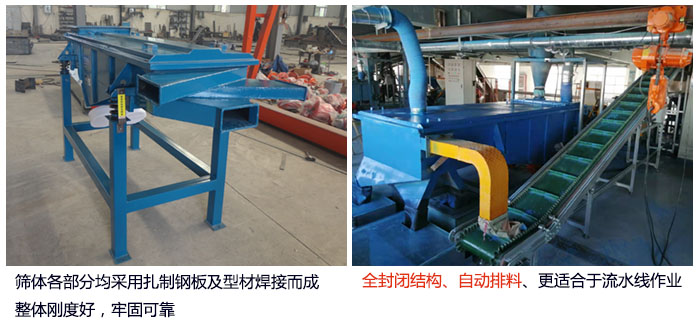 直線篩分機(jī)篩體各部分均采用扎制鋼板及型材焊接而成整體剛度好，牢固可靠；全封閉結(jié)構(gòu)、自動(dòng)排料、更適合于流水線作業(yè)。