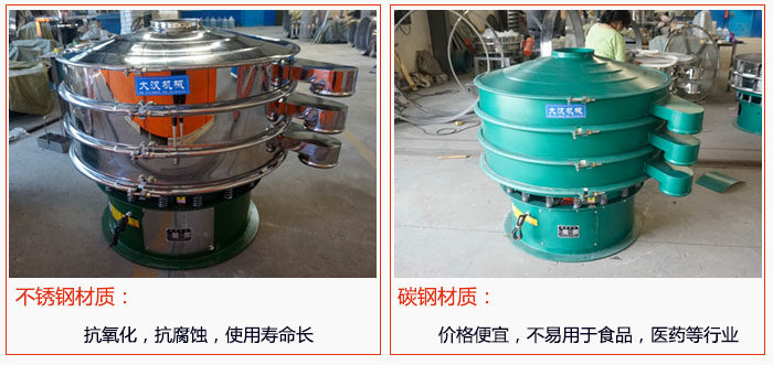 800型振動篩有不銹鋼和碳鋼兩種材質(zhì)，不銹鋼材質(zhì)：抗氧化，抗腐蝕，使用壽命長 碳鋼材質(zhì)：價格便宜，不易篩分食品，化工，醫(yī)藥等行業(yè)的物料。
