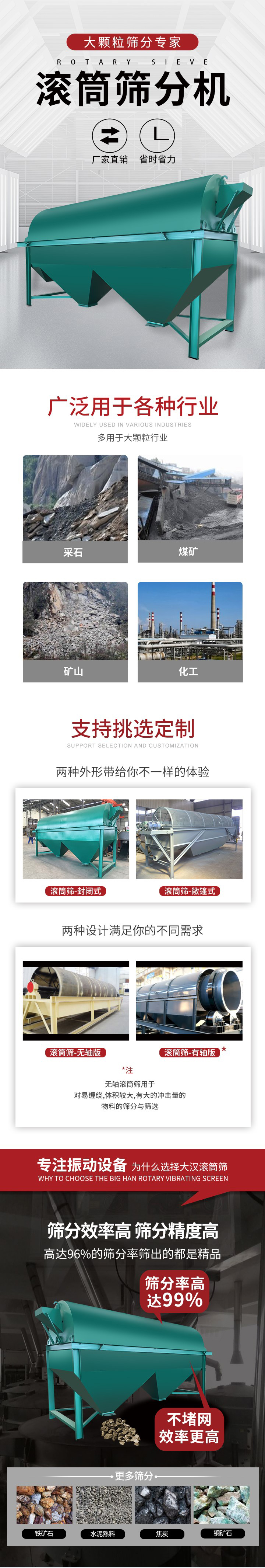 滾筒篩分機(jī)大顆粒篩分專家：廠家直銷，省時(shí)省力。滾筒篩被廣泛應(yīng)用各種行業(yè)：多用于大顆粒行業(yè)例如：采石，煤礦，礦山，化工等。滾筒篩定制類型有哪些：封閉式與敞篷式產(chǎn)品結(jié)構(gòu)分為：無(wú)軸式，有軸式兩種，無(wú)軸滾筒篩用于對(duì)纏繞，體積較大，有大的沖擊量的物料的篩分與篩選。滾筒篩篩分效率高篩分精度能夠達(dá)到：96%也比較適用于鐵礦石，水泥熟料，焦炭，銅礦石。滾筒篩特點(diǎn)：不飛粉末：密封隔離罩，密封性好，工作過(guò)程不會(huì)出現(xiàn)飛粉現(xiàn)象。外型尺寸是按筒體長(zhǎng)計(jì)