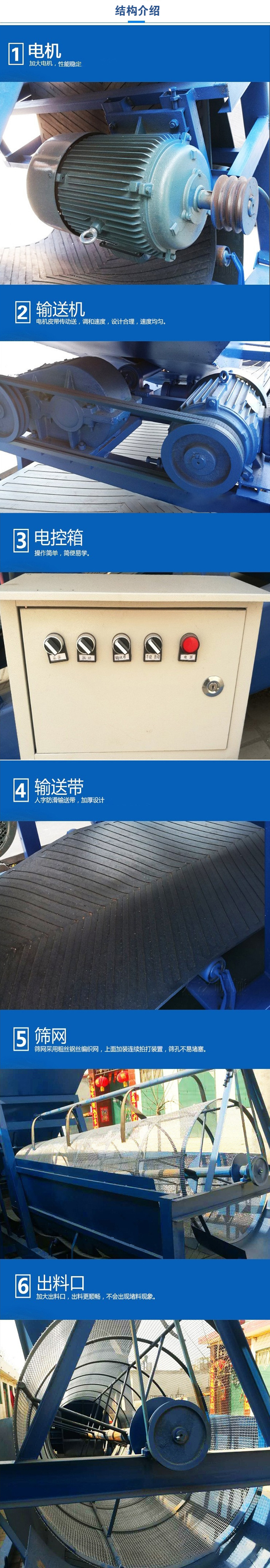 移動篩沙機結構:電機，加大電機，性能相對比較穩(wěn)定。輸送機：電機皮帶傳動送，調和速度，設計合理，速度均勻。電控箱：操作簡單，簡便易學。輸送帶：人字防滑輸送帶，加厚設計。篩網(wǎng)，采用粗絲鋼絲編織而成的篩網(wǎng)，上面加裝連續(xù)拍打裝置，篩孔不易堵塞。出料口：加大出料口，出料更順暢，不會出現(xiàn)堵料現(xiàn)象。