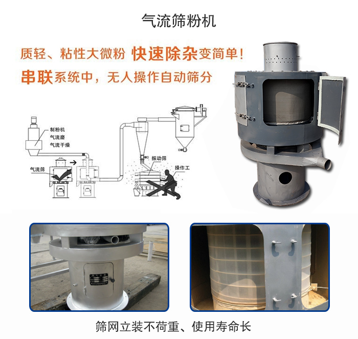 氣流篩粉機(jī)適用：質(zhì)輕，粘性大微粉采用串聯(lián)系統(tǒng)重，無(wú)人操作自動(dòng)篩分 特點(diǎn)：篩網(wǎng)立裝不負(fù)重，使用壽命長(zhǎng)。
