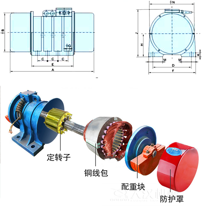 YZS振動電機內(nèi)部主要部件：定轉(zhuǎn)子，銅線包，配重塊，防護罩。