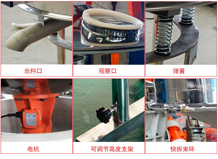 高頻篩細(xì)節(jié)展示：出料口，觀察口，彈簧，電機(jī)，可調(diào)節(jié)高度支架，快拆束環(huán)。