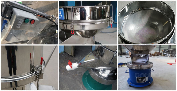 過濾篩細(xì)節(jié)展示：控制開關(guān)，篩框，出料口閥門，底座等